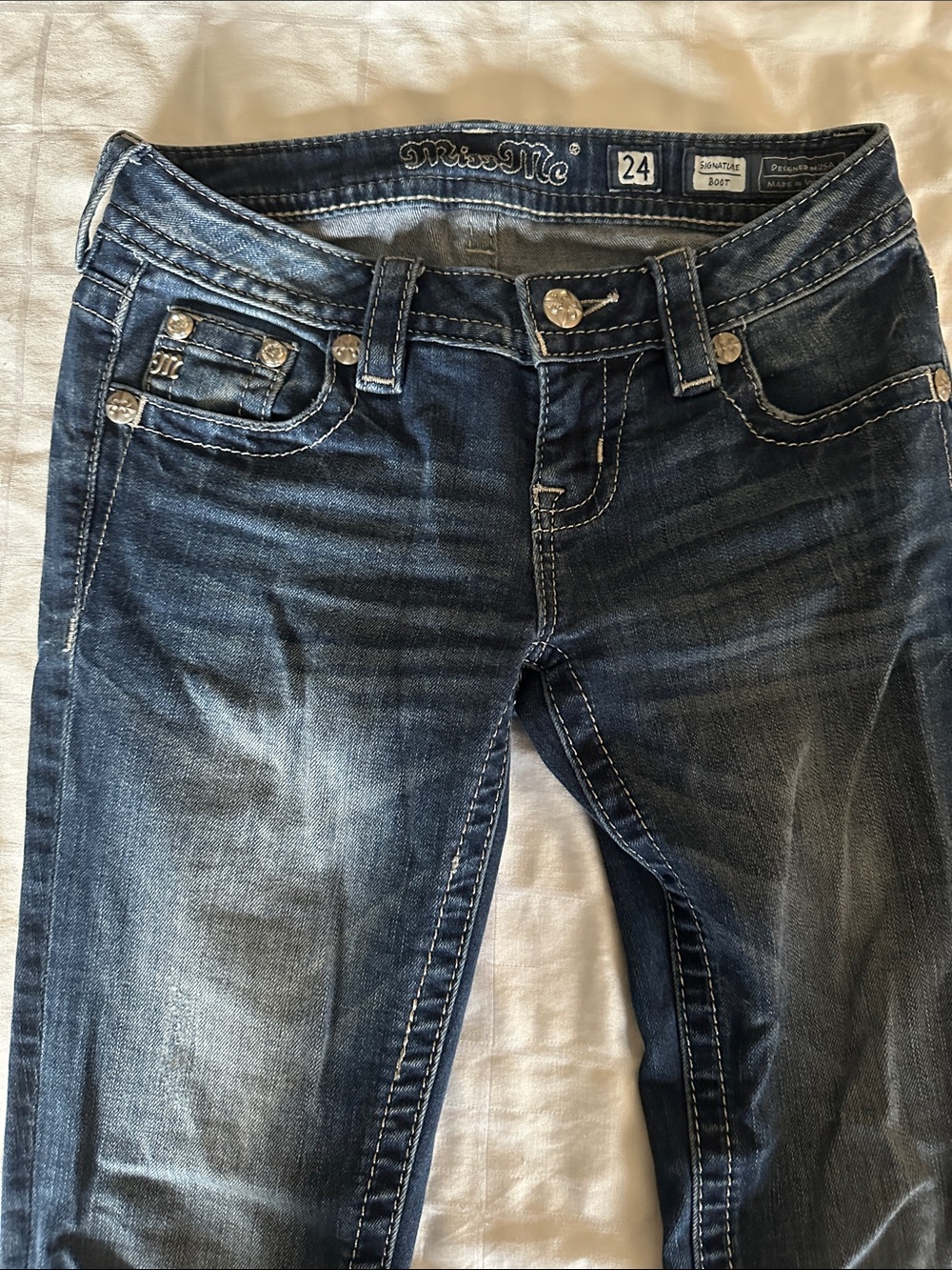 Miss Me Dark Blue Signature Boot Cut Jeans with Contrast Stitching Size 24